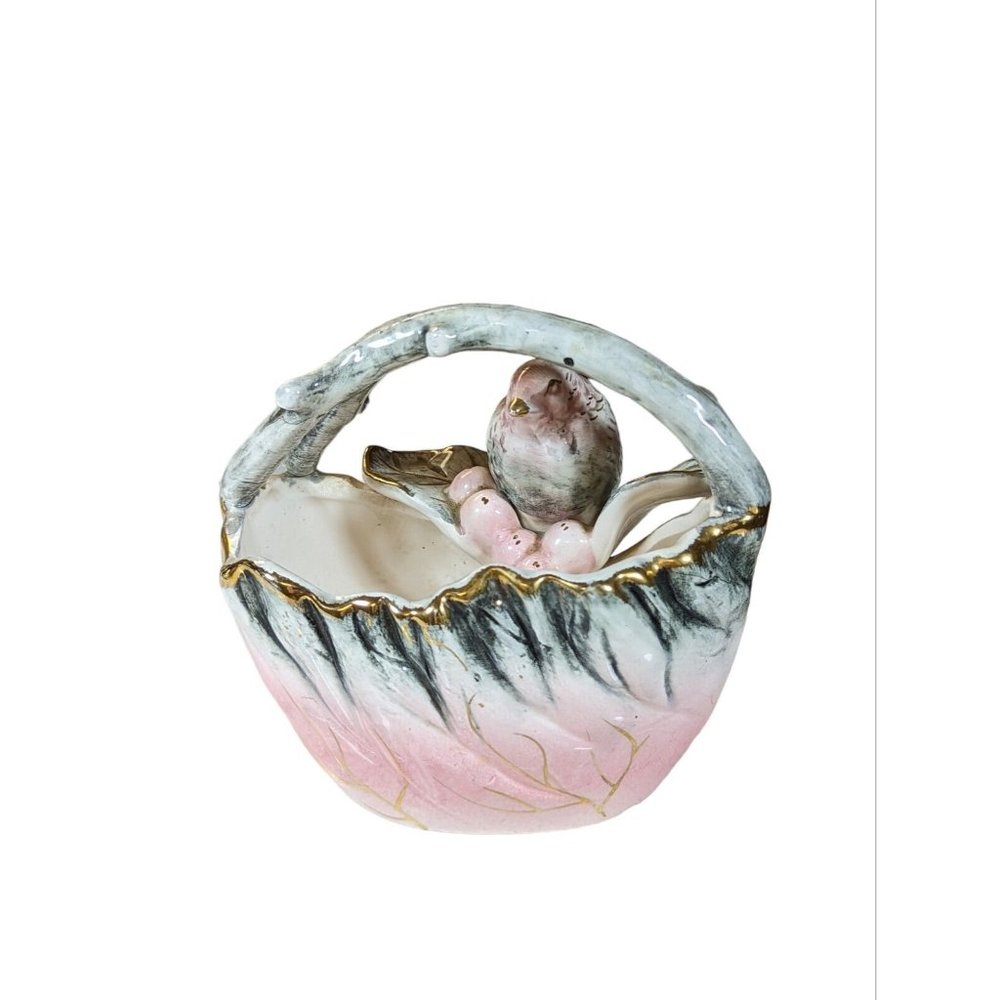 Ucago Japan Painted Leaf Basket Bird Berries Branch Pink Gray Gold Trim Planter